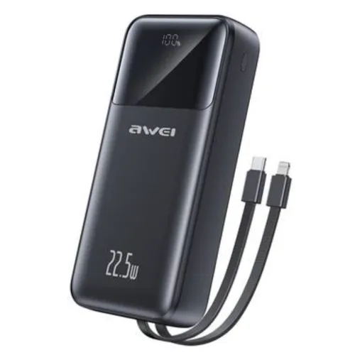 Awei P106K 10000mah Fast Charging Power Bank Black With Type C & Lightning Cable (22.5W)