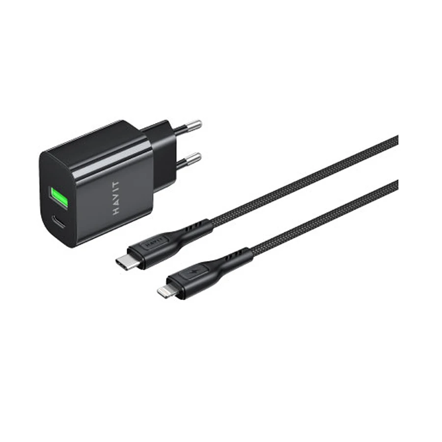 HAVIT ST925 USB & USB-C 20W Black Charger / Charging Adapter with USB-C to Lightning Cable 