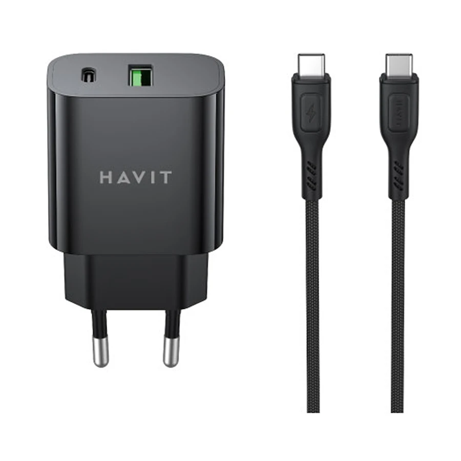 HAVIT ST926 USB & USB-C 20W Black Charger / Charging Adapter with USB-C to USB-C Cable 