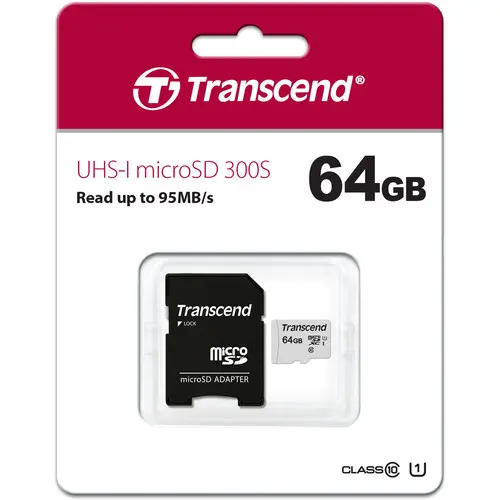 [0008599] Transcend 64GB Micro SD UHS-I U1 Memory Card with Adapter (TS64GUSD300S-A)