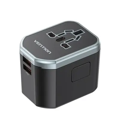 [07160] VENTION FJCB0 3-Port USB (C + A + A) Universal Travel Adapter (20W/18W/18W) Black